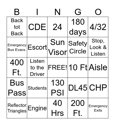 School Bus  Bingo Card
