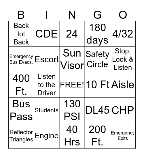 School Bus  Bingo Card