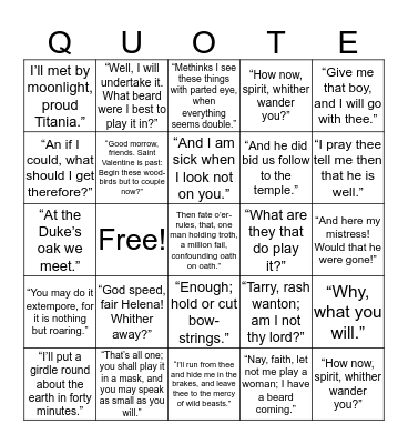 Shakespeare Quotes Bingo Card