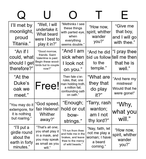 Shakespeare Quotes Bingo Card