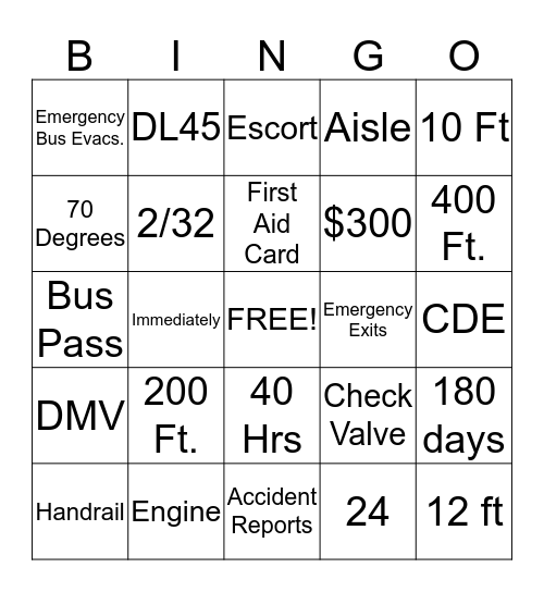 School Bus  Bingo Card