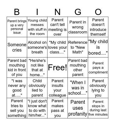 Parent Teacher Conference Bingo Card