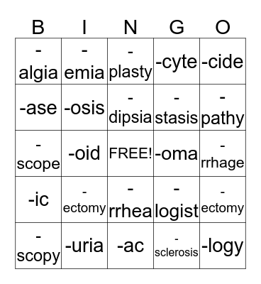 Medical Terminology Suffixes Bingo Card