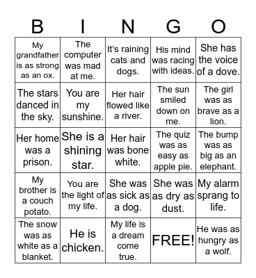 Figurative Langauge Bingo Card
