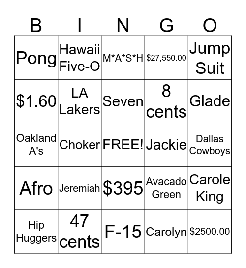 1972 Trivia Bingo Card