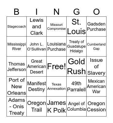 Westward Expansion Bingo Card