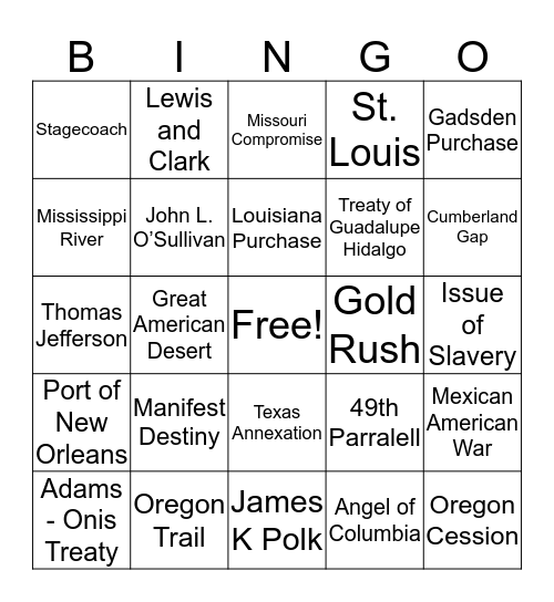 Westward Expansion Bingo Card