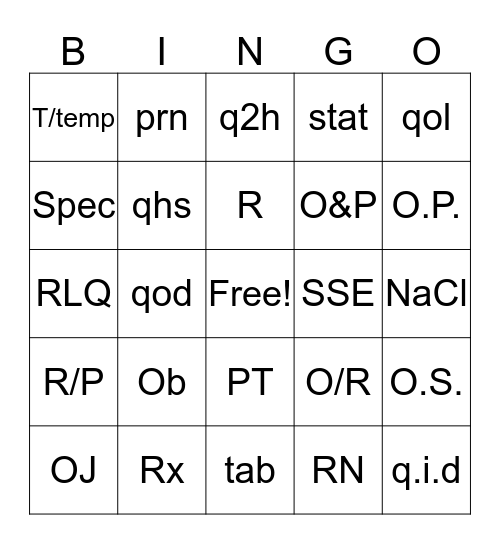 O-T Bingo Card