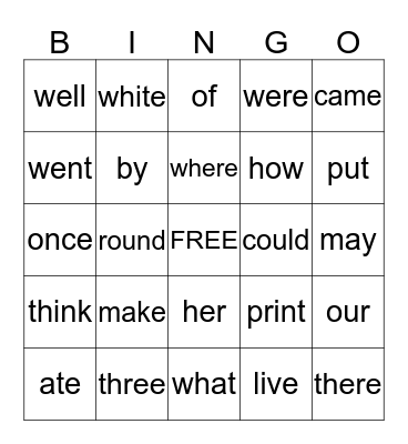 Sight Words 2 Bingo Card