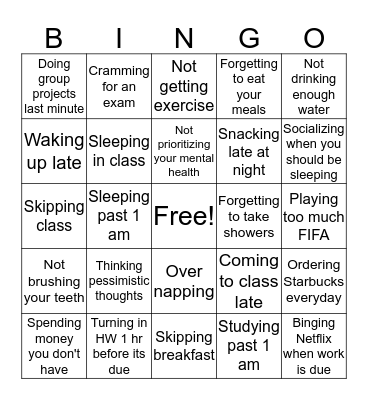 BAD HABITS BINGO Card
