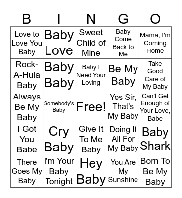 Olivia's Baby Music Bingo Card