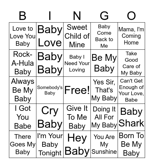 Olivia's Baby Music Bingo Card