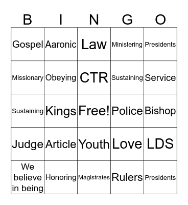 12th Article of Faith Bingo Card