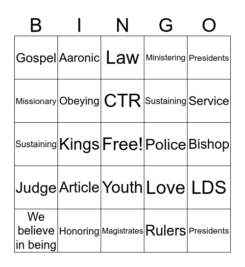 12th Article of Faith Bingo Card