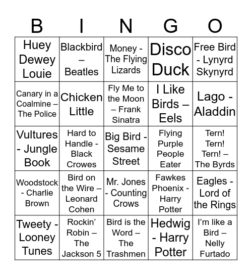 Grand Prize Contest - Bird Bingo Card