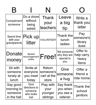 Random Acts of Kindness Bingo Card