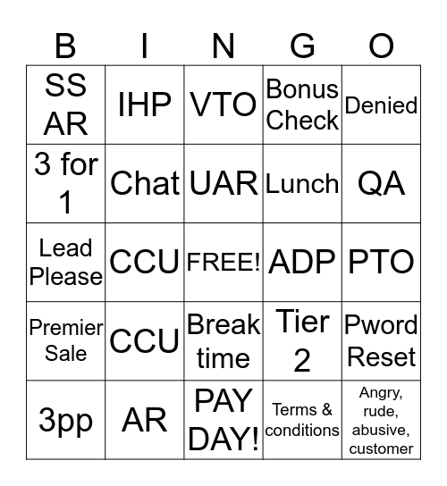 SRP Bingo Card