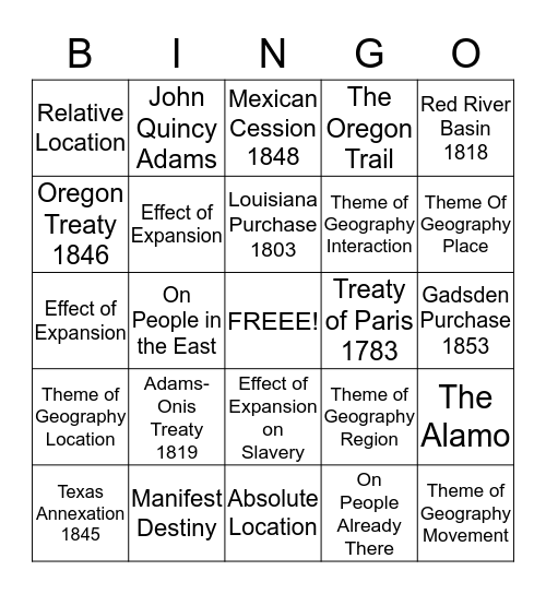 US Expansion and Themes of Geography Bingo Card