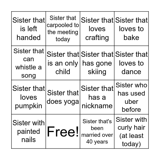 Sister Bingo! Bingo Card