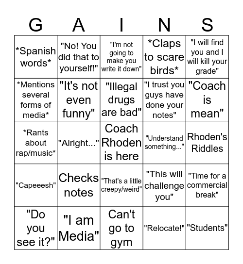 Coach Rhoden Bingo 4th Edition Bingo Card