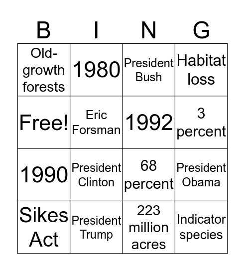 Spotted Owl Bingo  Bingo Card