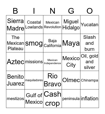 Mexico Bingo Card