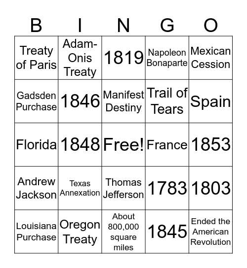 United States Expansion 1783-1853 Bingo Card