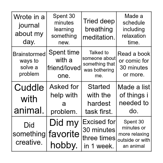 Stress Management Bingo Card