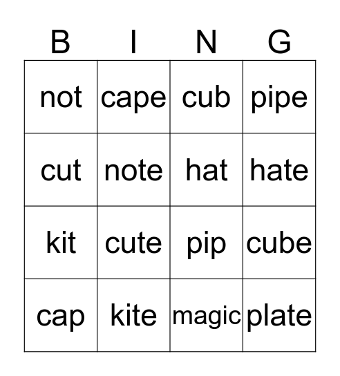 magic e Bingo Card