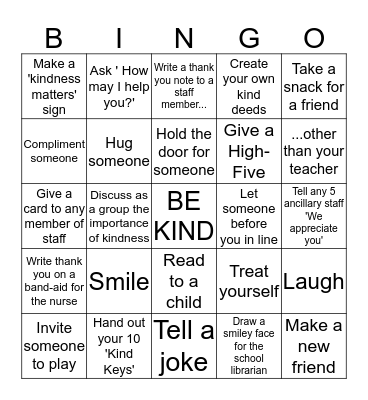 WGS Key Club's Kindness Challenge  Bingo Card