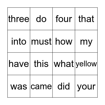 sight words Bingo Card