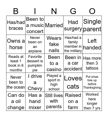 Get to Know your Neighbor Bingo Card