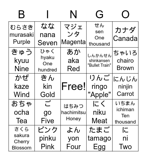 Japanese Bingo! Bingo Card