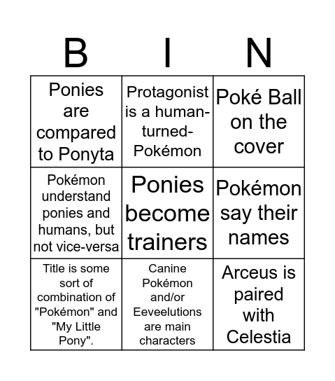 Fimfiction Pokémon Crossovers Bingo Card