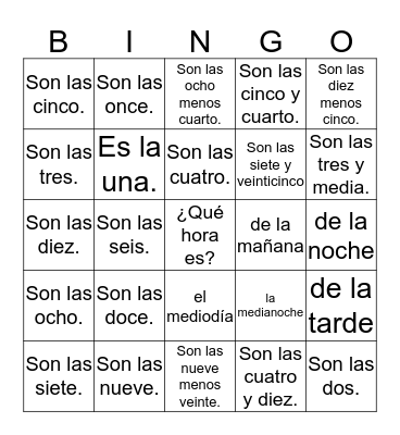 ¿Qué hora es? Bingo Card