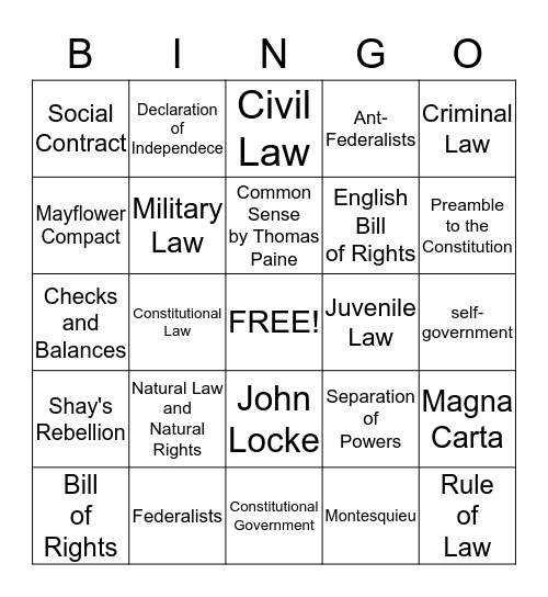 Origins and Purposes of Law and Government Bingo Card