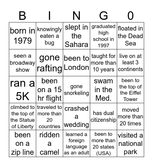 Tiffany's Life Experiences Bingo Card