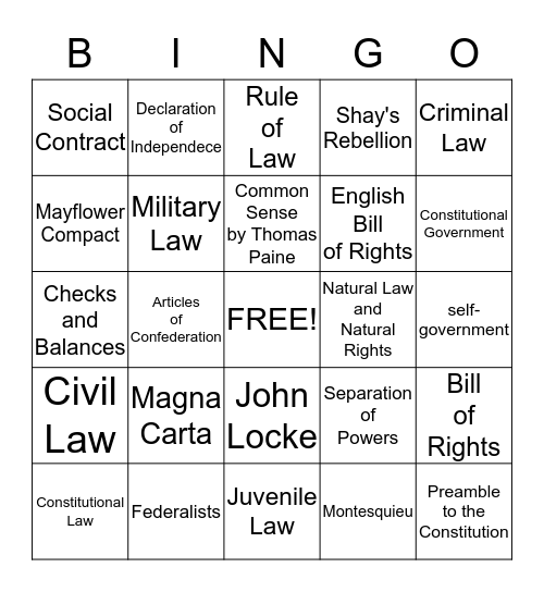 Origins and Purposes of Law and Government Bingo Card