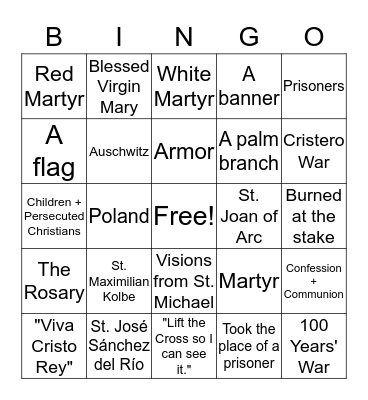 Martyr Bingo  Bingo Card