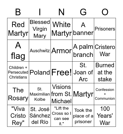 Martyr Bingo  Bingo Card