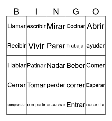 Common Verbs Bingo Card