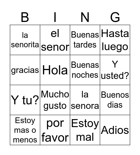 Spanish Greetings Bingo Card