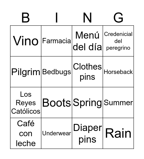 Camino Bingo Card