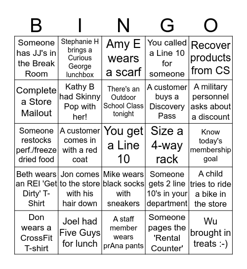 Monday REI Bingo Card