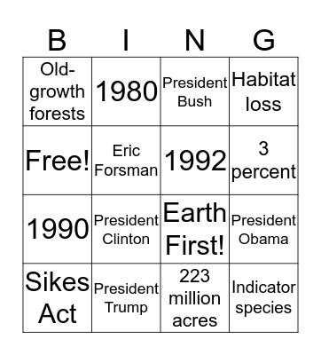 Spotted Owl Bingo  Bingo Card
