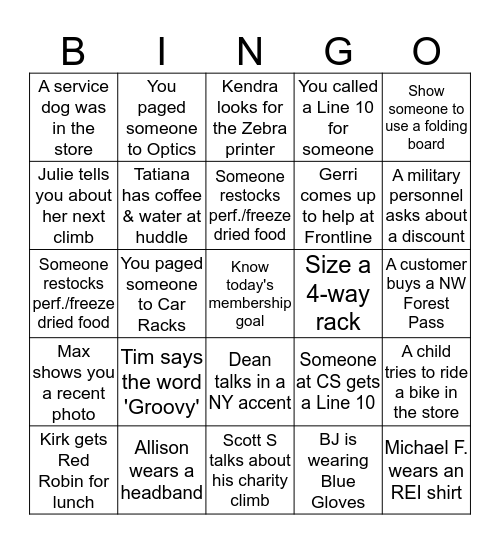 Tuesday REI Bingo Card