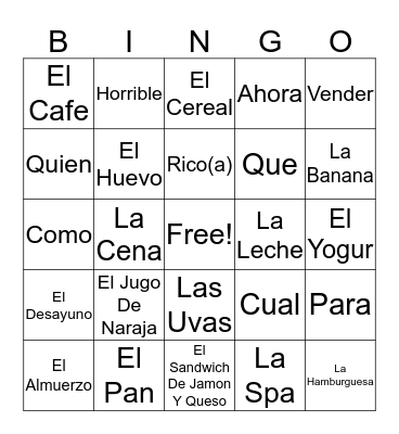 Spanish Bingo Card