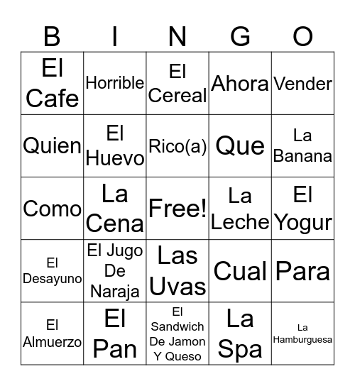 Spanish Bingo Card