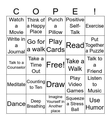 Coping Skills Bingo Card