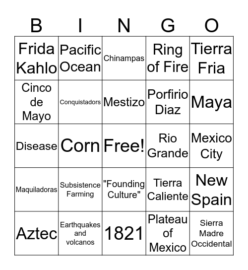 Mexican Culture BINGO! Bingo Card